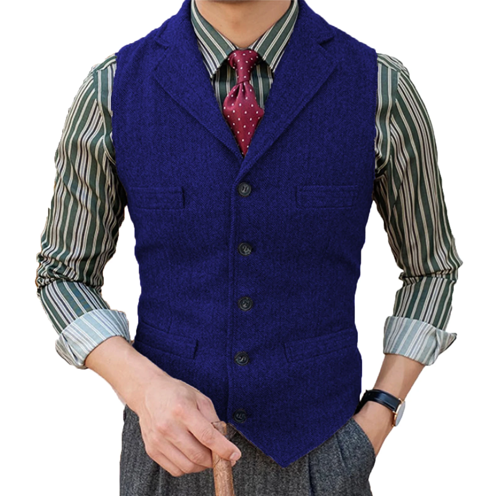 Waistcoat Men Suit Vest Lapel V Neck Wool Houndstooth Casual Formal Business Vest Groomman For Wedding Prom Best Man