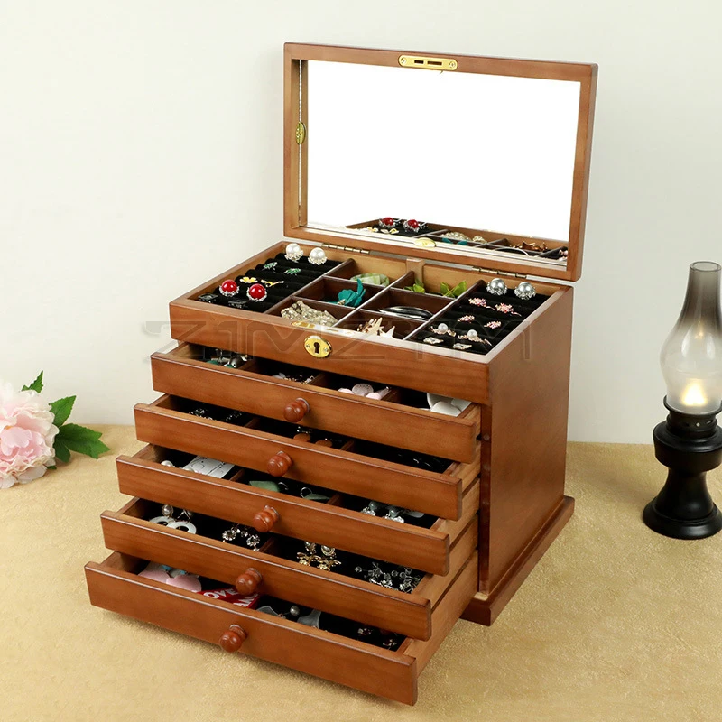 The New 6-Layer Solid Wood Jewelry Box Chinese style wood retro Princess European jewelry storage box Wooden Storage Display