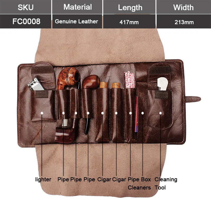 OLDFOX Leather Smoking Tobacco Pipe Pouch Bag Organize Case Pipe Accessories Tool Holder Pocket for 2 Pipe & 2 Cigar fc0008