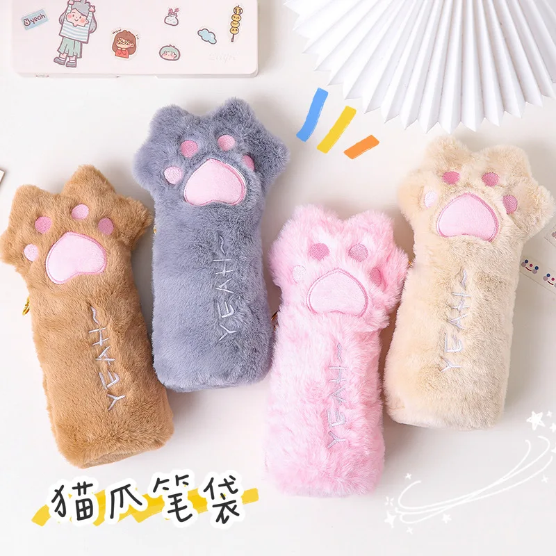 Gato bonito pata saco de lápis macio de pelúcia cosméticos bolsa de grande capacidade lápis caso caneta titular papelaria organizador kawaii papelaria