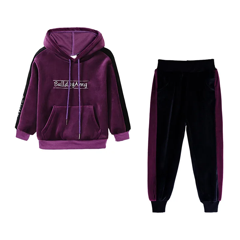 Hooyi Children Clothing Set Girls Velvet Hooded Sports Suits Girls Long Sleeves Tracksuit Sweatshirt Sweatpants Hoodies Outwear