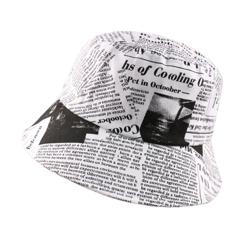 Winfox  Black White Letter Newspaper Print Bucket Hat Fashion Fisherman Cap Men Women Gorros Fishing Hats