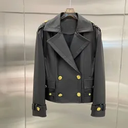 Chaqueta de mujer primavera nueva marca de alta calidad ropa de cuero genuino cuello vuelto doble botonadura estilo de moda piel de oveja auténtica