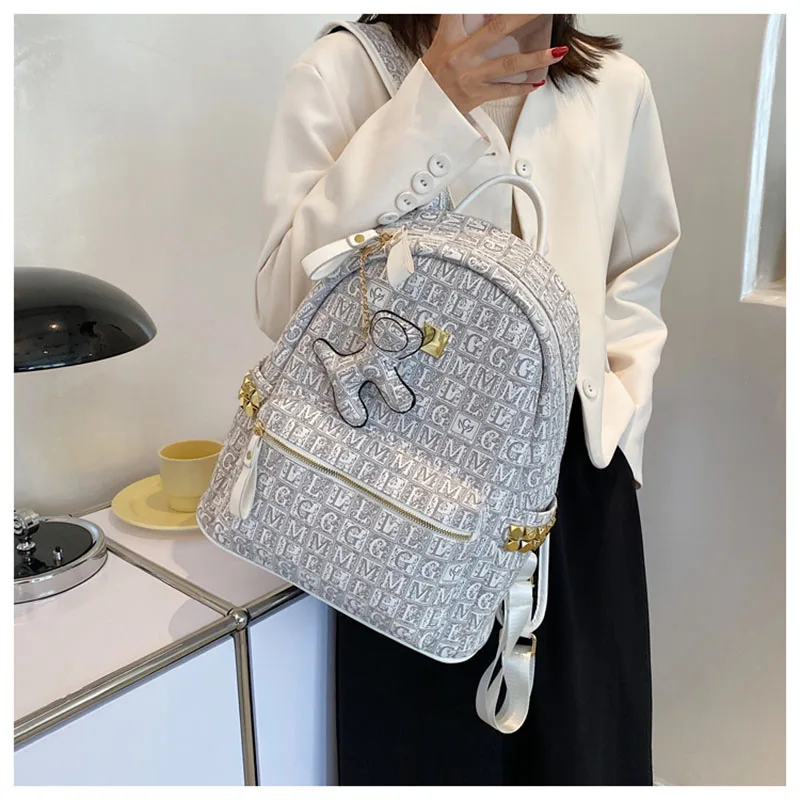 Elegant Women Backpack Purse Korean Summer Waterproof Fashion Brown PU Leather Large Capacity Plaid Letter With Rivets Gray Bag