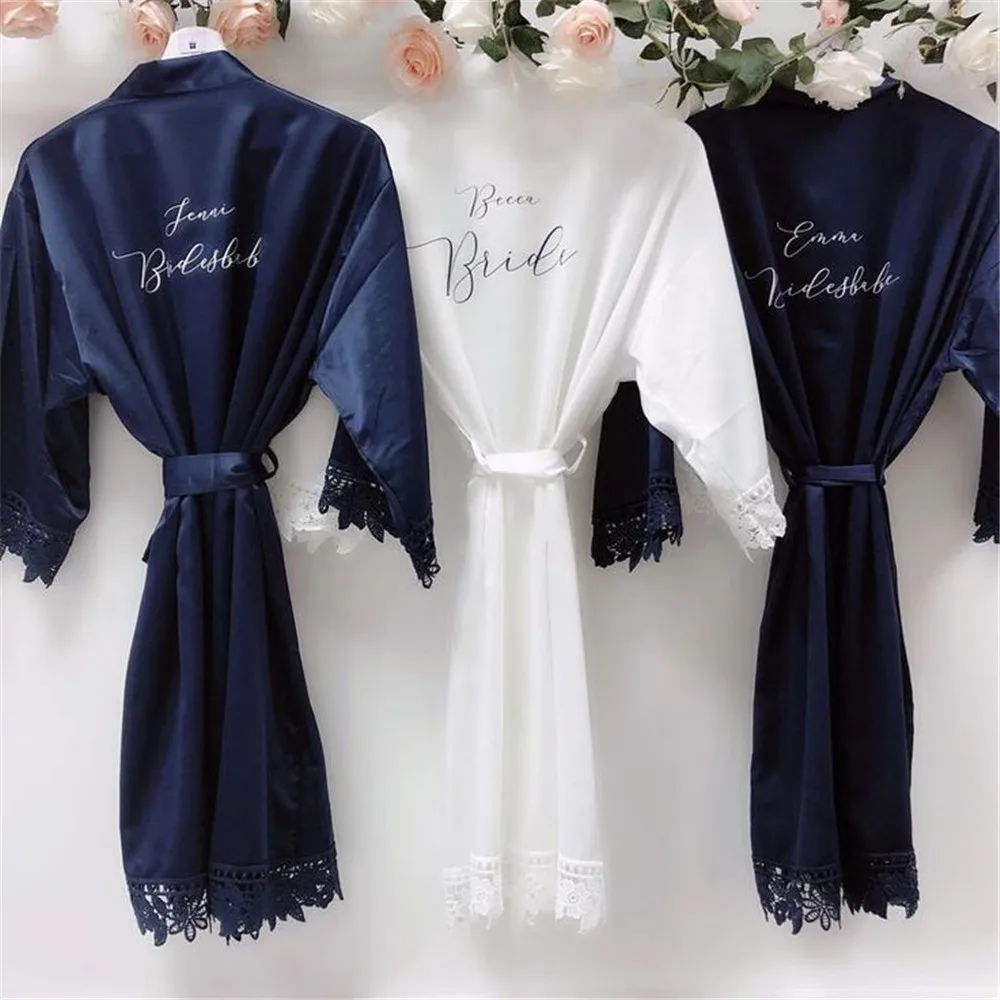 New Lace Custom Name Bride Robe Wedding Satin Silk Female Bathrobes Personalized Printed Bridesmaids Robes Unique Party Gifts