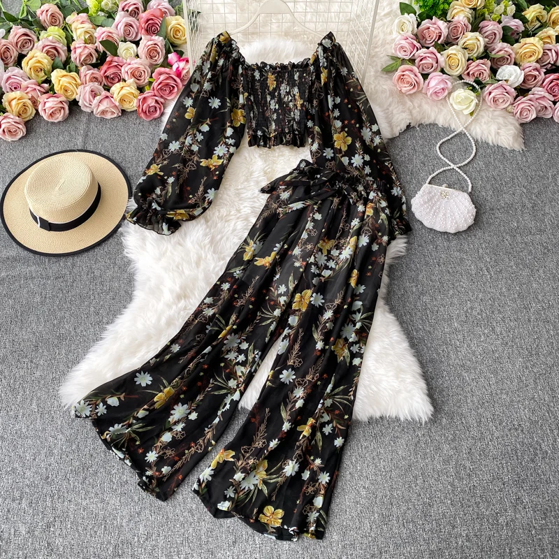 Boho Two Piece Set Women Print Off Shoulder Crop Top And High Waist Wide Leg Woman Pants Autumn 2 Piece Sets Fashion Lounge Wear