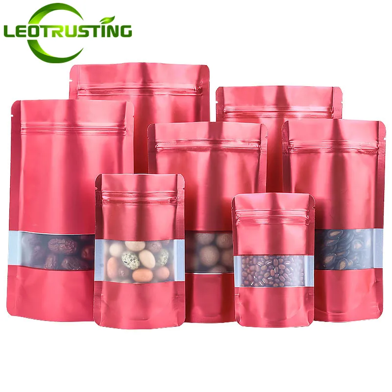 

100PCS Stand Up Matte Red Aluminum Foil Window Ziplock Bag DIY Coffee Spice Cereals Pet Food Fish Feed Gifts Storage Pouches