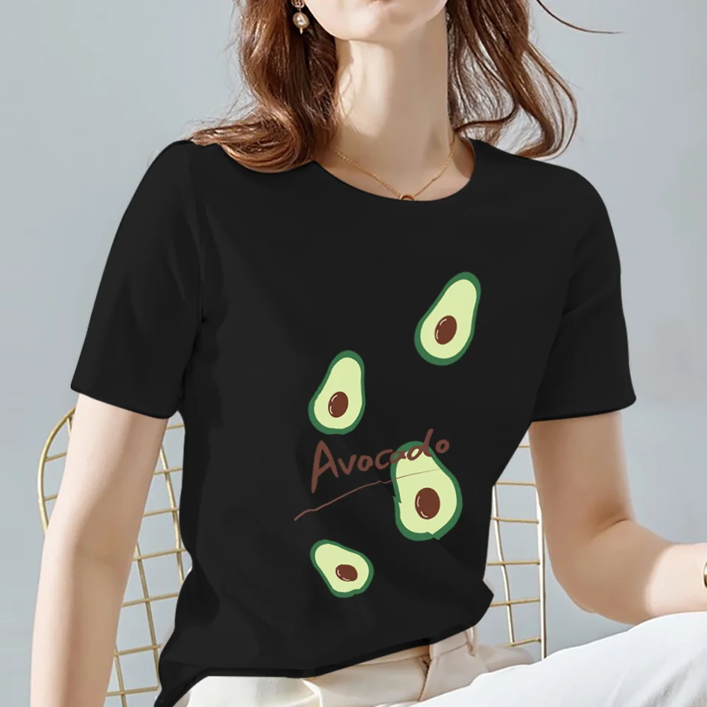 แฟชั่นผู้หญิงเสื้อยืด Harajuku Kawaii การ์ตูน Avocado Graphic Series ฤดูร้อนสีดำพิมพ์ผู้หญิงแขนสั้น Commuter Top