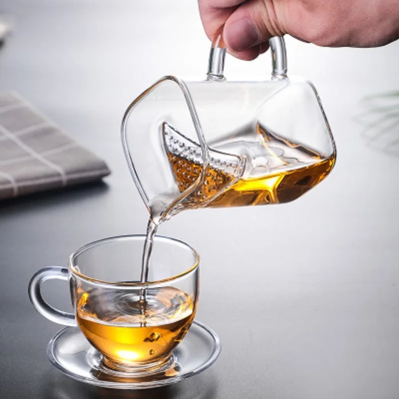 Creative Square Transparent Glass Tea Cup with Filter, Teaware, Small Tea Maker, Milk Frothing Pitcher, Teaware, Drinkware