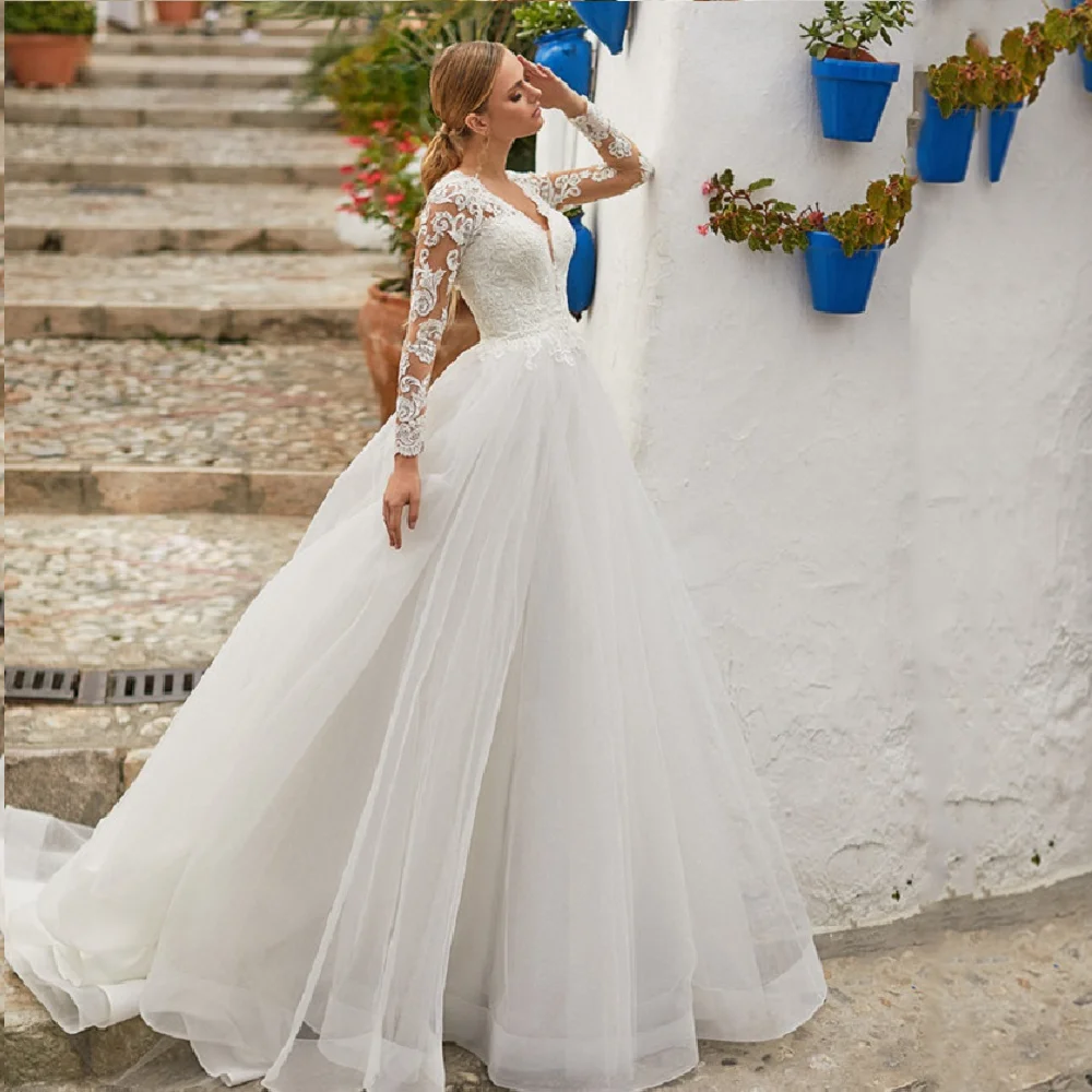 Abiti da sposa a maniche lunghe scollo a v 2022 Tulle Appliqued a-line Robe De Mariée abito da sposa elegante Sweep Train abito da sposa in pizzo