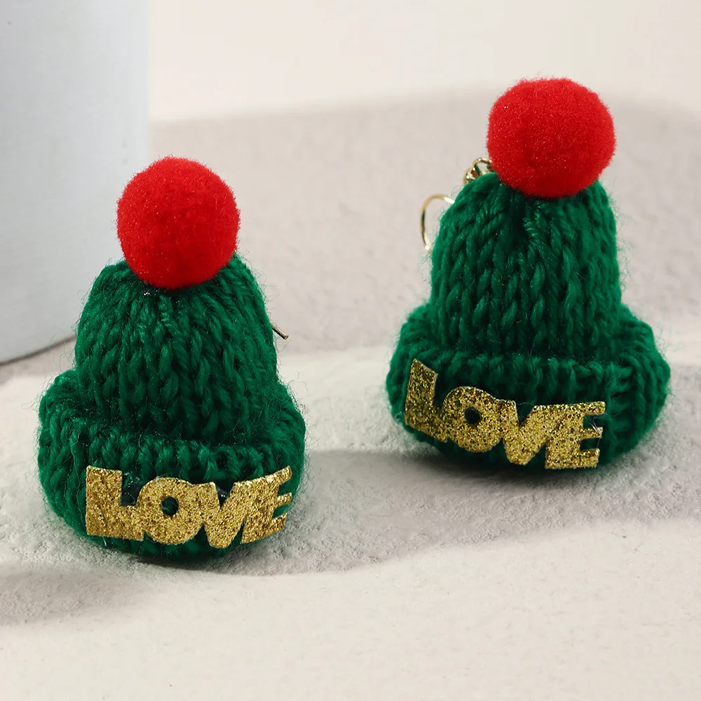 Handmade Colorful Cute Plush Hairball Winter Christmas Knitted Hat Dangle Earrings Elegant New Cartoon Funny Party Girl Jewelry