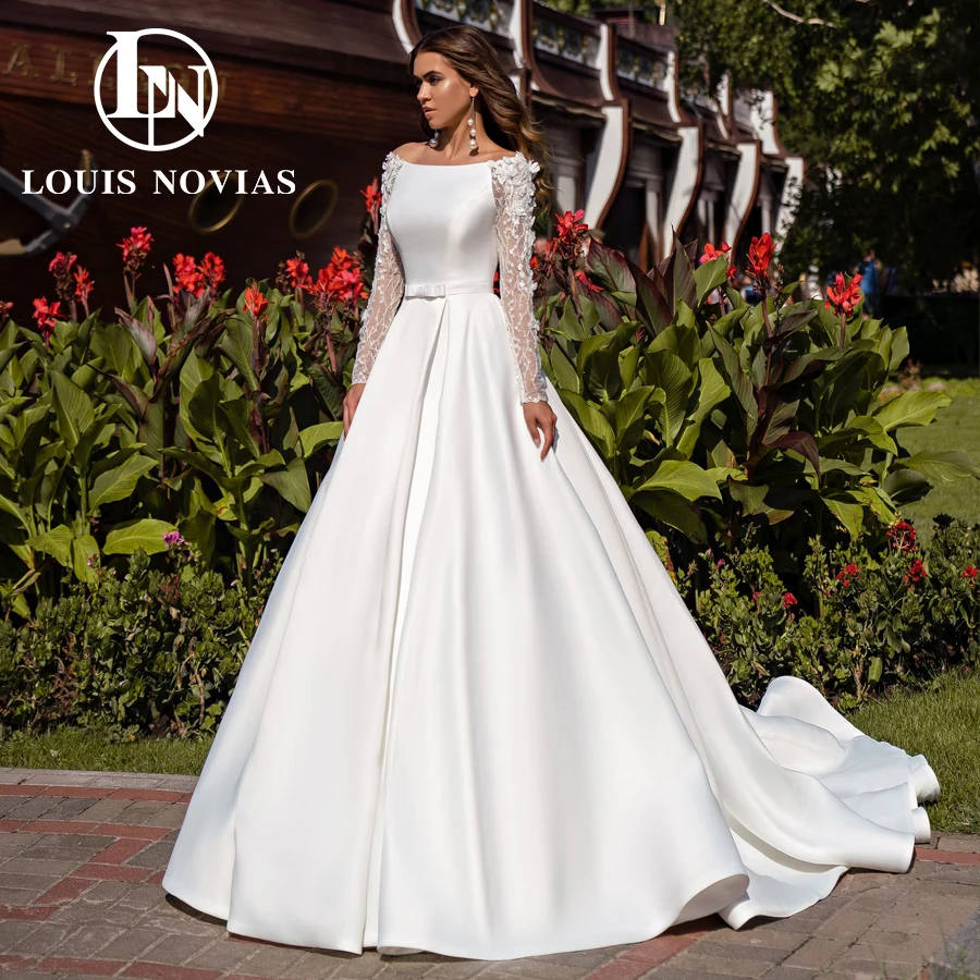 LOUIS NOVIAS Long Sleeve Wedding Dresses Elegant Exquisite Satin Bridal Gown Boat Neck Cut-out Backless A-Line Vestidos De Novia