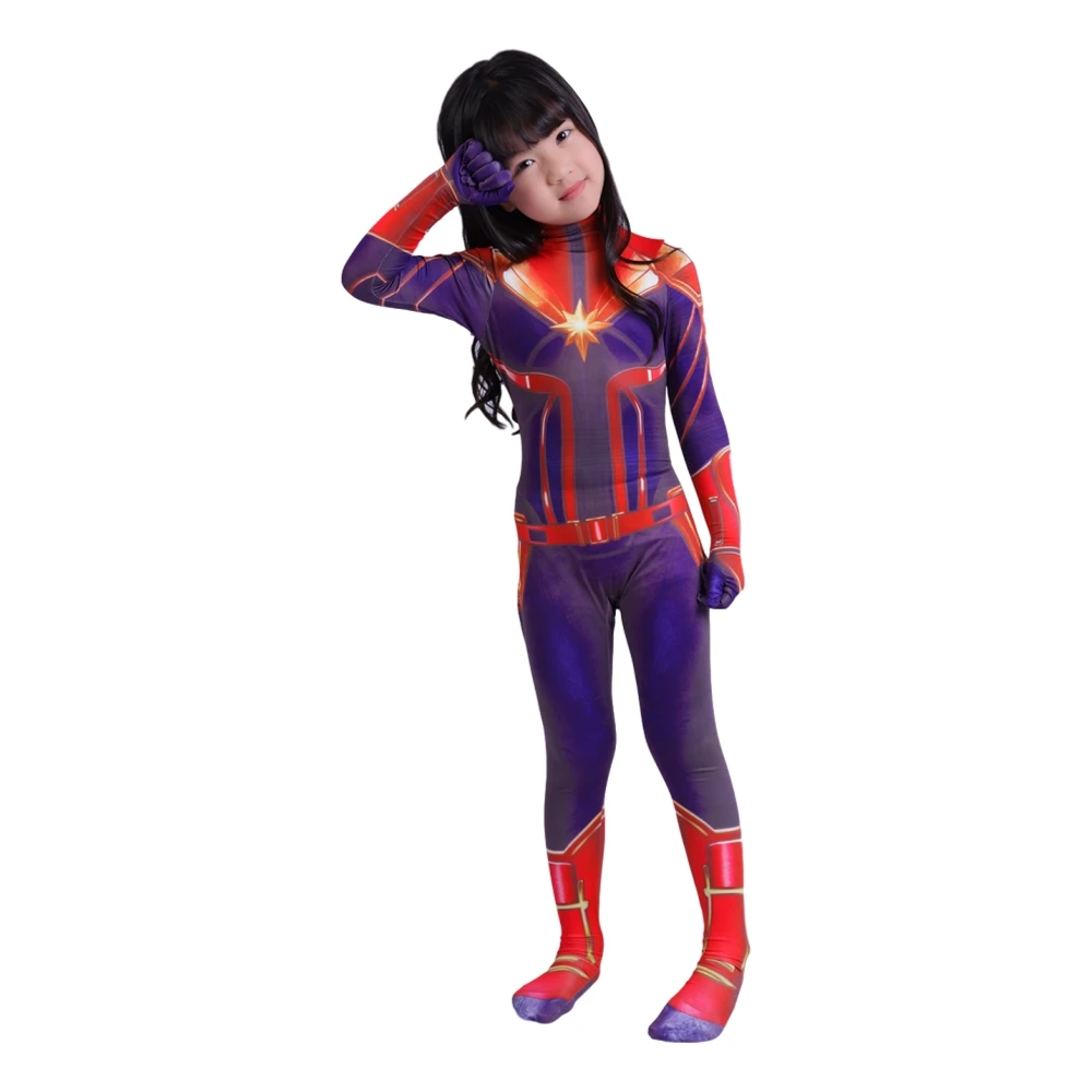 3D Women Girls Movie Version Captain Carol Danvers Cosplay Costume Zentai Superhero  for  Kids Costumes