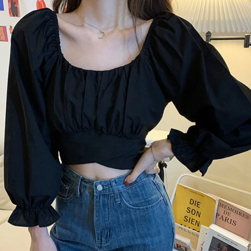 Blouse Women Spring Trendy Bandage Puff Sleeve All-match Solid Elegant Square Collar French Style Simple Streetwear Retro Female