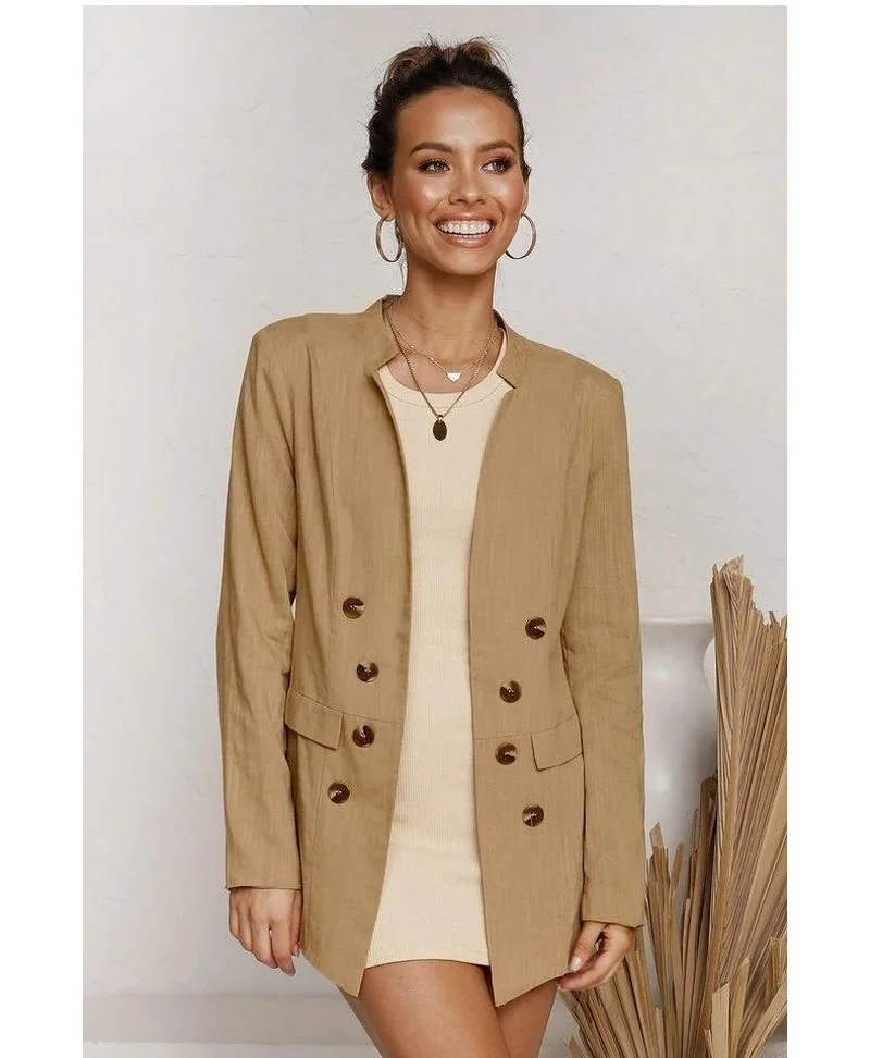 2023 New Fashion Office Button Decoration Casual Commute Blazers Brown Jacket Blazer Women Solid Colors Double Breasted Suit