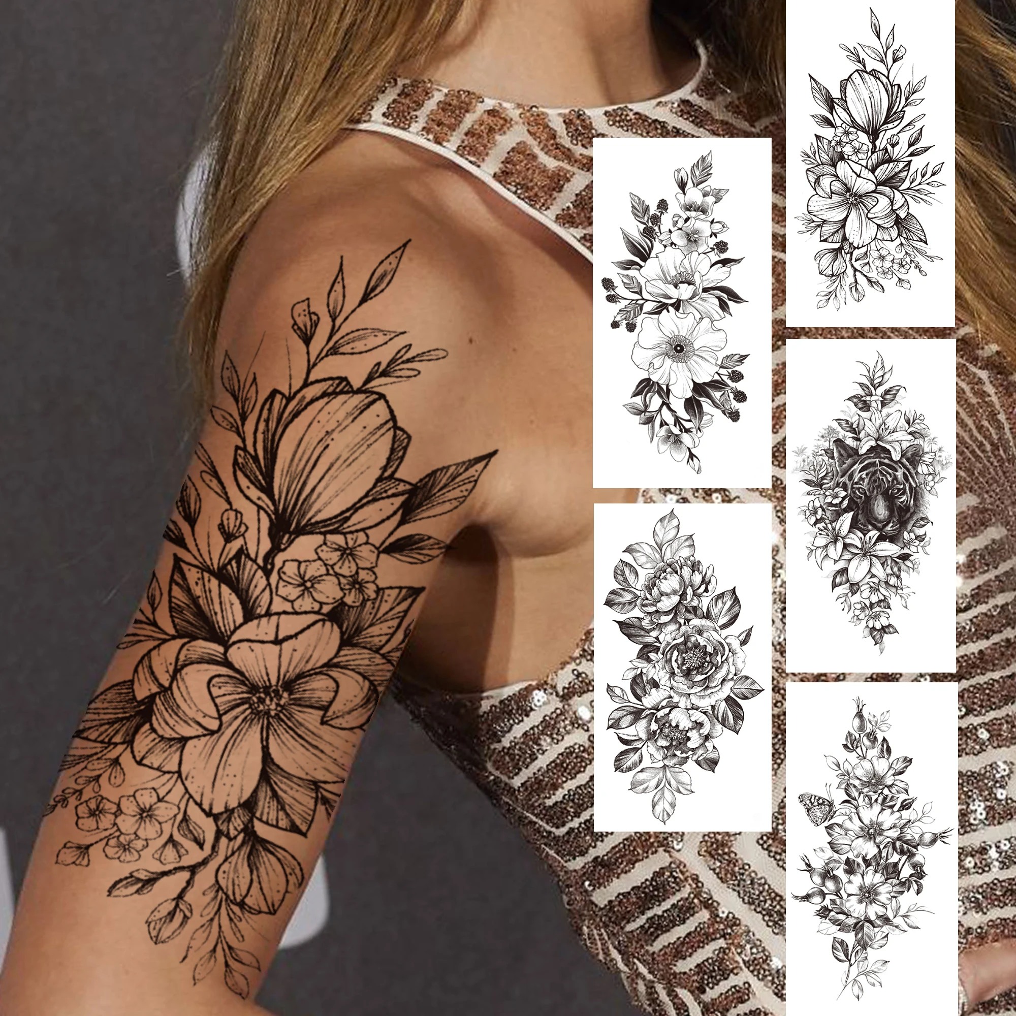 Tatouage temporaire fleur 3D pour femmes et filles, faux autocollant, fleur de tigre, fleur, orchidée, pivoine, noir, lys, rose, beauté