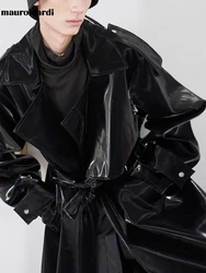 Mauroicardi Brand Long Oversized Luxury Reflective Shiny Patent Leather Trench Coat Men Fashion 2022 Belt Waterproof Rain Coat