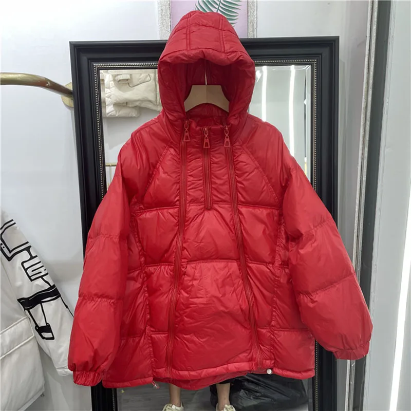 2024 New Winter Women Hooded White Duck Down Jacket Female SolidHooded Down Loose Zippers Jackets Lady Warm Snow Coat