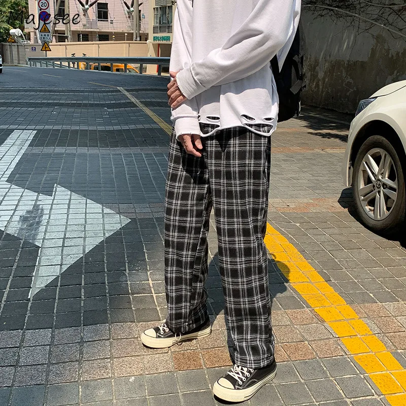 Casual Pants Men Straight Plaid Retro Trendy Loose Full Length Teens Trousers Korean Style Hip Hop High Street Elastic Waist