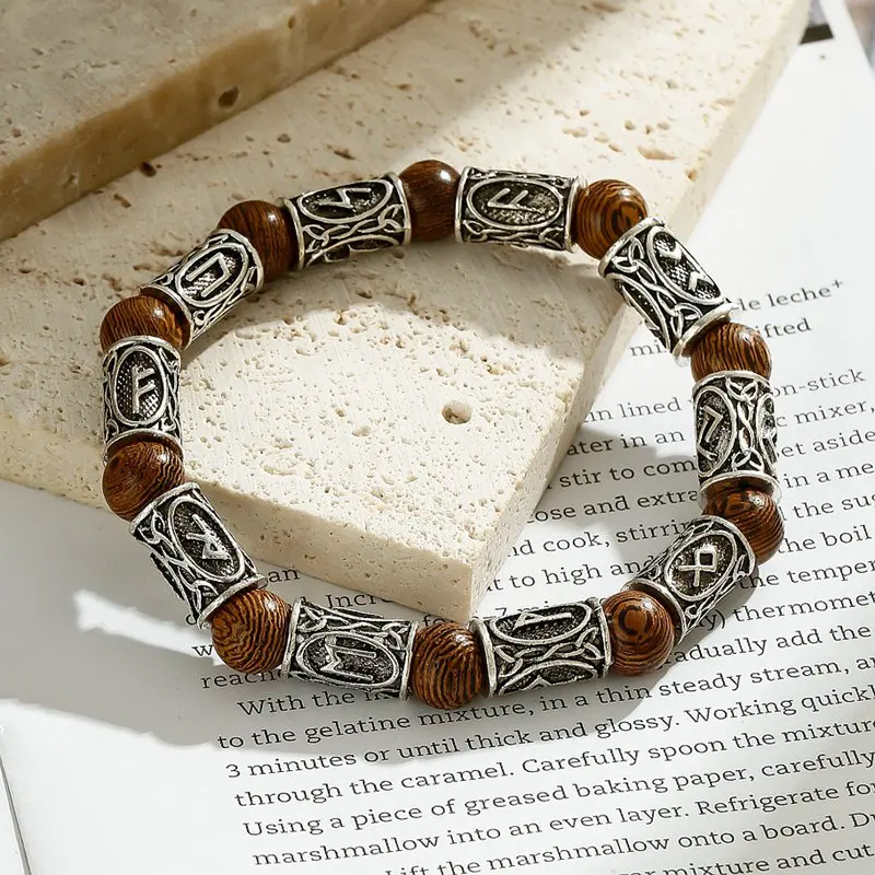 Ethnic Viking Rune Antique Beads Bracelet Handmade Bohemian Wood Lava Stone Bangles Charm Bracelets For Men Jewelry Gift