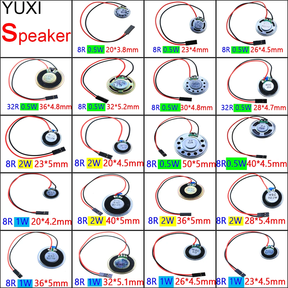 YUXI Hot sale Ultra-thin Speaker Diameter 20 23 26 28 30 32 36 40 50MM 8R 32Ohms 0.5W 1W 2Watt With Dupont Line Speaker