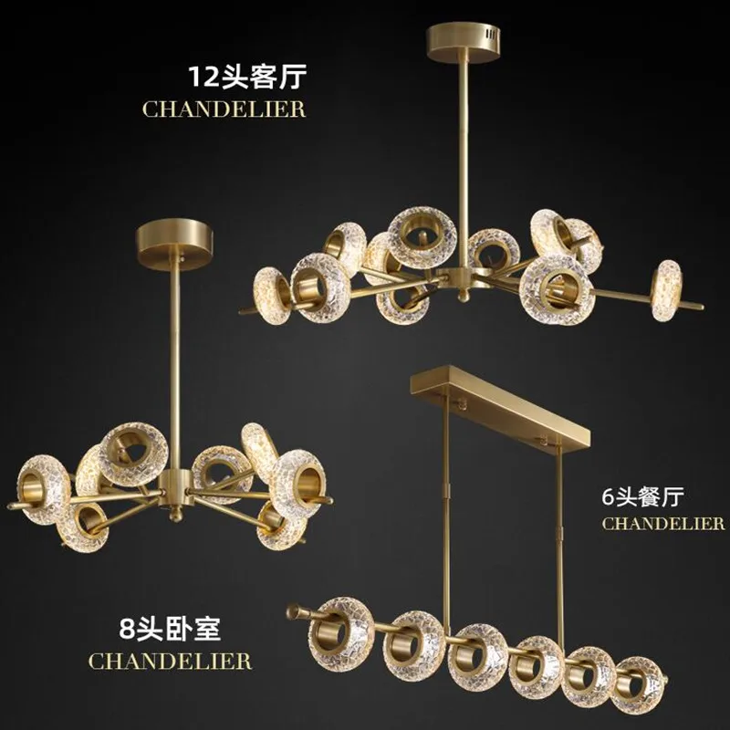 

New Copper Molecular Led Chandelier Lighting Home Decor Living Room Bedroom Nordic Luxury Wristband Crack Crystal Ceiling Lamps