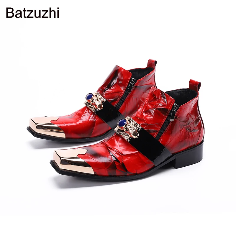 Batzuzhi New Luxury Handmade Boots Men Pointed Toe Red Genuine Leather Ankle Boots Men for Party, Wedding, Business Boots