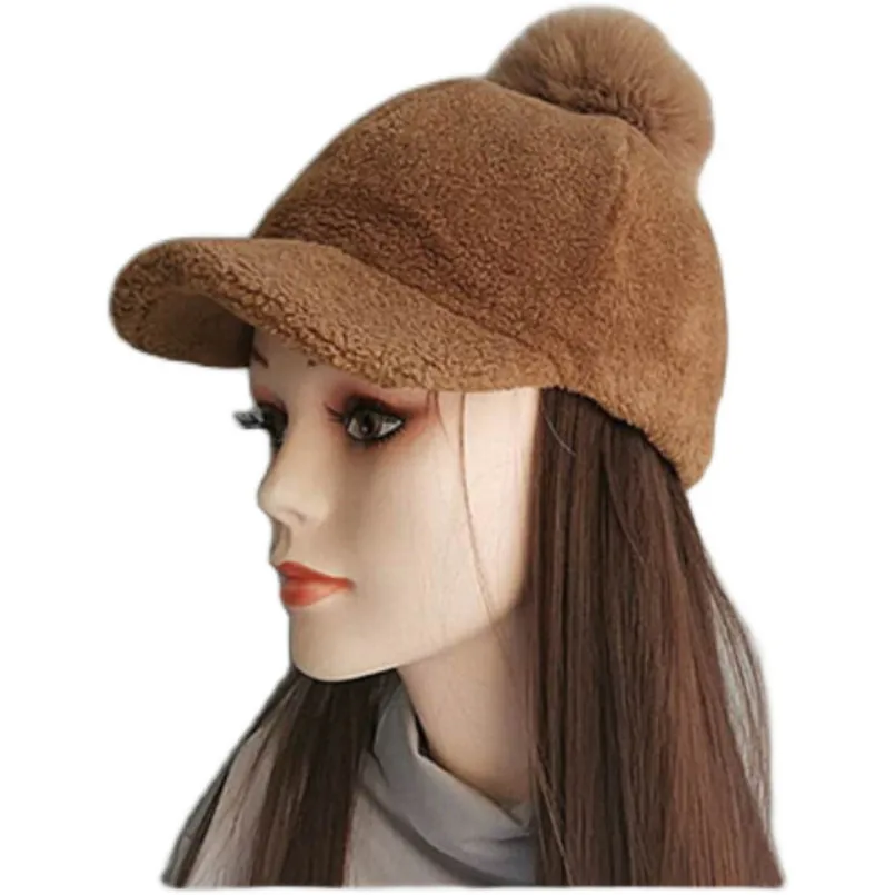 Women's Autumn Winter Korean Warm Real Lamb Fur Baseball Cap Ins Cute Plush Solid Color Pompom Hats