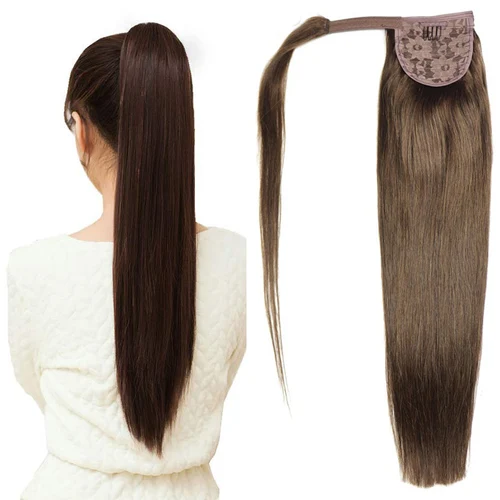 Imagen 2 del producto ZZHAIR 100% extensiones de cabello humano 16 ""-28"" hecho a máquina Remy envoltura mágica alrededor de cola de caballo 60g-120g Clip en cola de caballo Stragiht