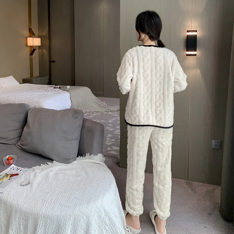 M-4XL Women Pajama Sets Comfortable Soft Plus Velvet Thicker Sweet Coral Fleece Warm Home Wear Female Korean Style Sleepwear