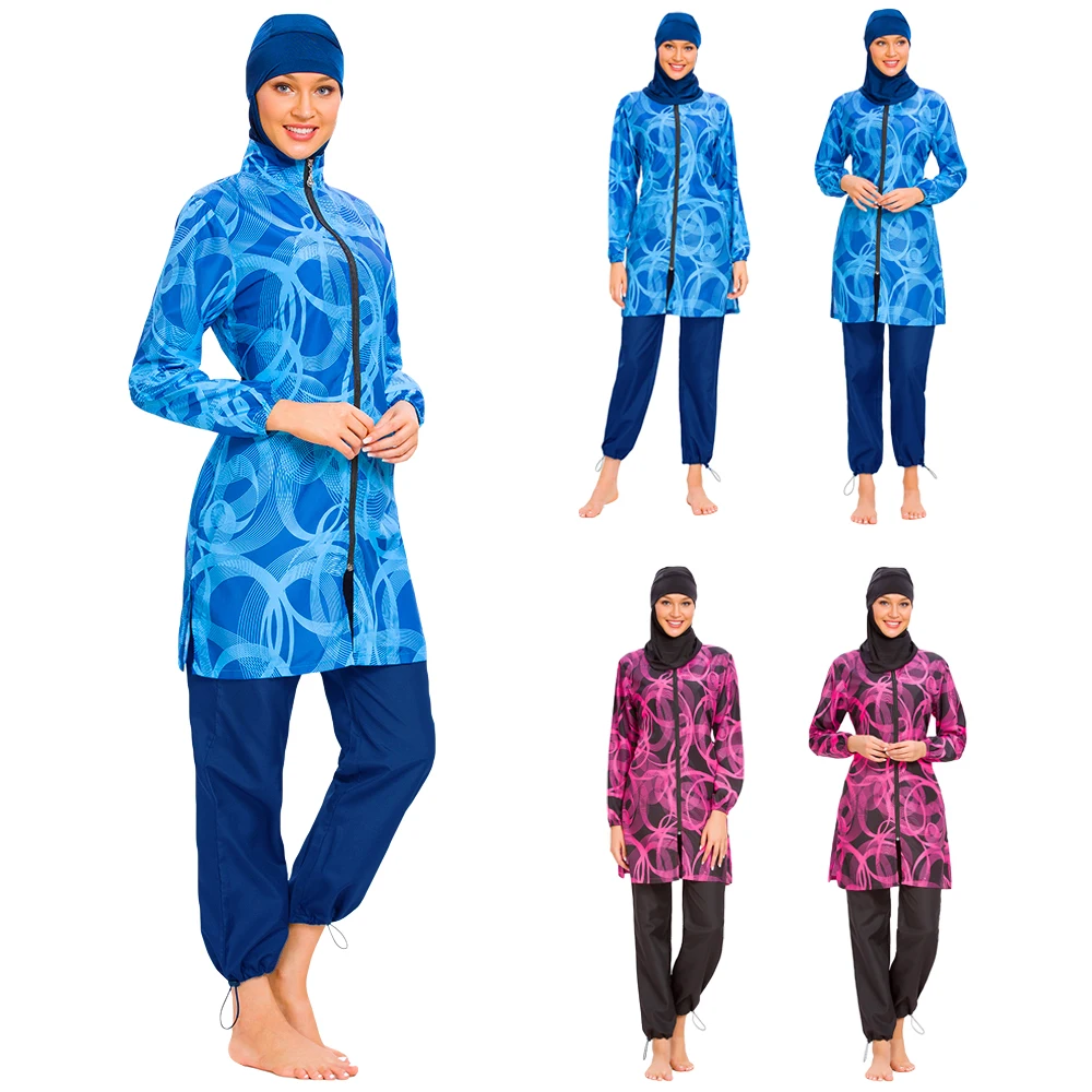 3 Pcs Muslim Swimwear Burkini Wanita Islam Jilbab Baju Renang Sederhana Beachwear Arab Renang Surfing Pakaian Penutup Penuh Ritsleting Set