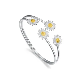Real 925 Sterling Silver Adjustable Daisy Flower Charm Cuff Bracelet &Bangles For Women Elegant Wedding Party Jewelry Gift
