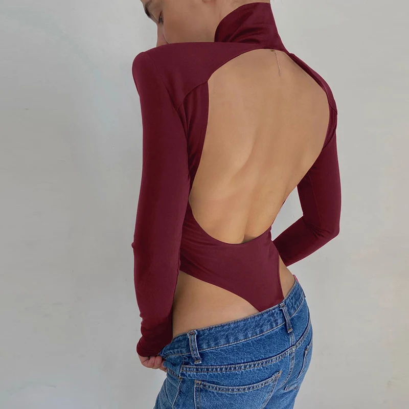 Hawthaw Frauen Herbst Langarm Backless Soild Farbe Rollkragen Schlank Bodycon Bodysuit Overall 2020 Herbst Kleidung Streetwear