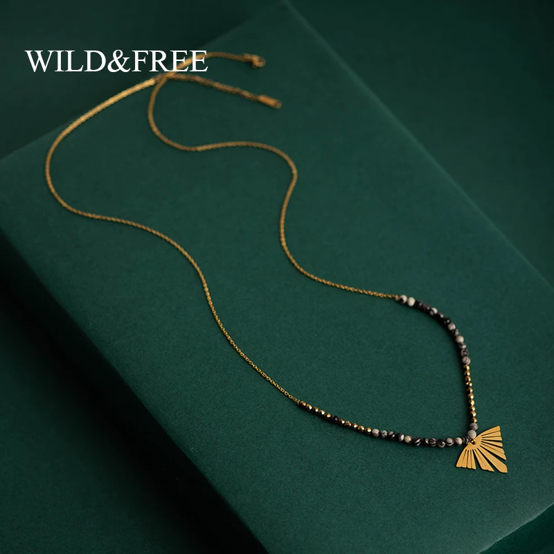 Wild&Free New Handmade Long Pendant Necklace For Women Natural Stone Beads Gold Color Leaf Charm Sweater Chain Necklace S. Steel