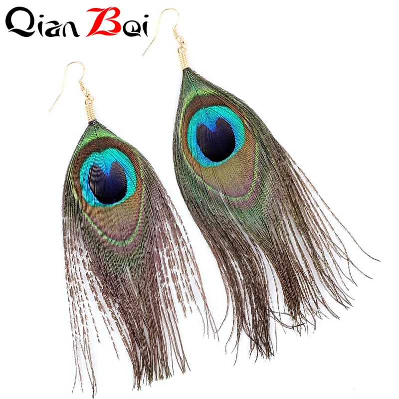 QianBei Resell Ethnic Earrings Long For Women Green Peacock Feather Drop Color Gold Hook Earring