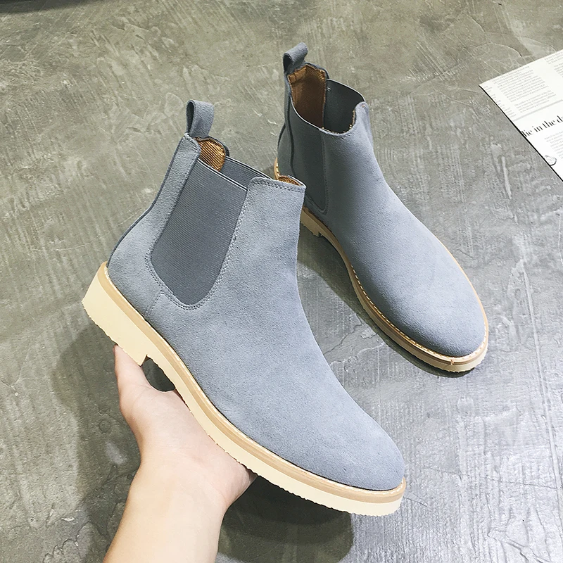 Yomior New Spring Vintage Men Casual Shoes Cow Suede High Quality Dress Ankle Boots Pointed Toe British Chelsea Boots Handmade