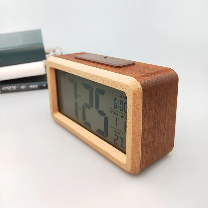 Wooden Digital Alarm Clock,Smart Sensor Night Light with Snooze, Date, Temperature, 12/24Hr Switchable, Solid Wood/Bamboo Shell