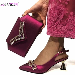 Set di borse abbinate per scarpe da donna piuttosto africane decorano con strass in Set di scarpe e borse da sposa nigeriane Magenta