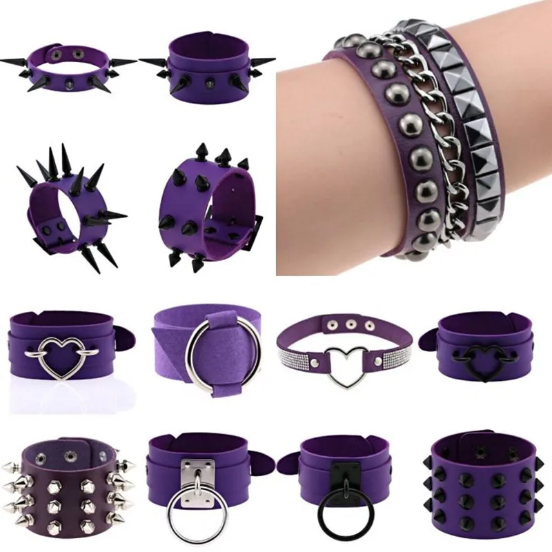 

Purple Goth Bracelets For Women Punk Boho Emo Spike Rivets PU Leather Charm Bracelet Cuff Bangles Festival Jewelry Party Gifts