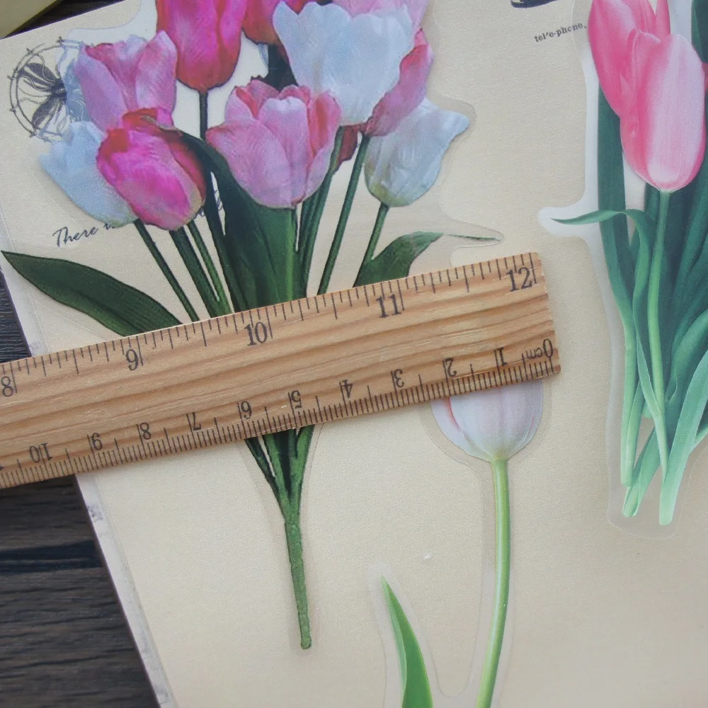 6Pcs สีชมพูขนาดใหญ่ Tulip ดอกไม้สไตล์ PVC สติกเกอร์โปร่งใส Scrapbooking DIY ของขวัญตกแต่ง: