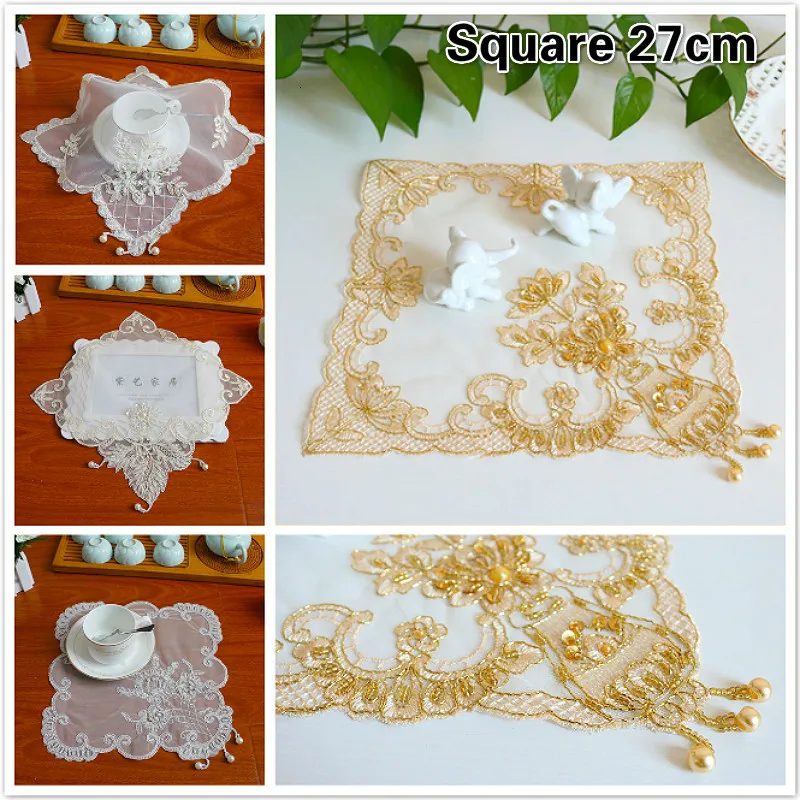 Square European Lace Embroidery Beaded Pendant Fine Placemat Coaster Coffee Table Mat Dust Cover Cloth Christmas Wedding Decor