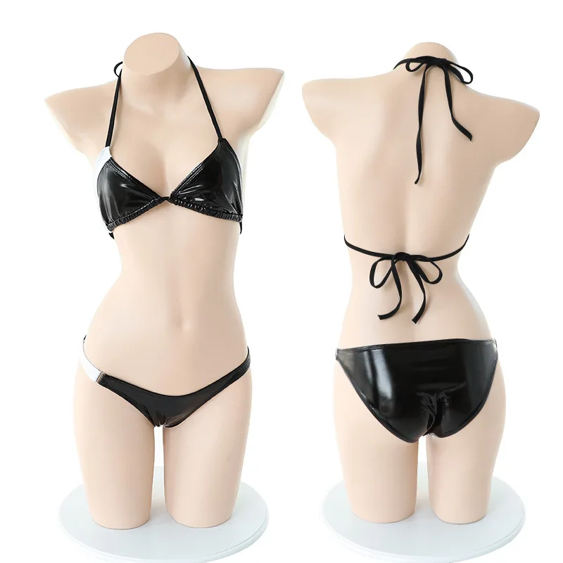 Sexy Lingerie Set Women Crop Top + Tie + PU Leather Bra + Briefs Set Erotic Bikini Underwear Nightwear Ladies Sexy Costume