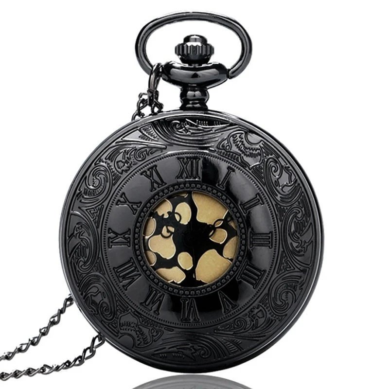 Antique Vintage Bronze Roman Number Quartz Pocket Watch Black Necklace Chain Men Women Fob Watches Fashion Clock Souvenir Gifts