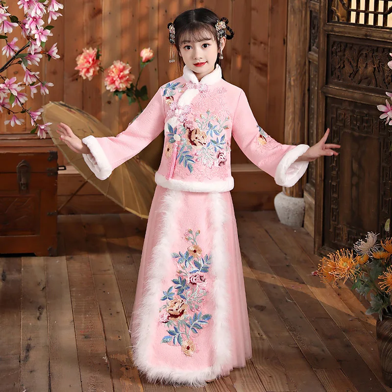 

Winter Children Thick And Quilted Chinese Lovely Kids Ancient Hanfu Girls Embroidery Traditional Perform Costumes Tang Suit