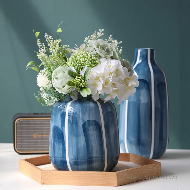 Creative Modern Gradient Blue Striped Ceramic Vase, Dried Flowers, Gardening, Home Decoration, Living Room Ornaments