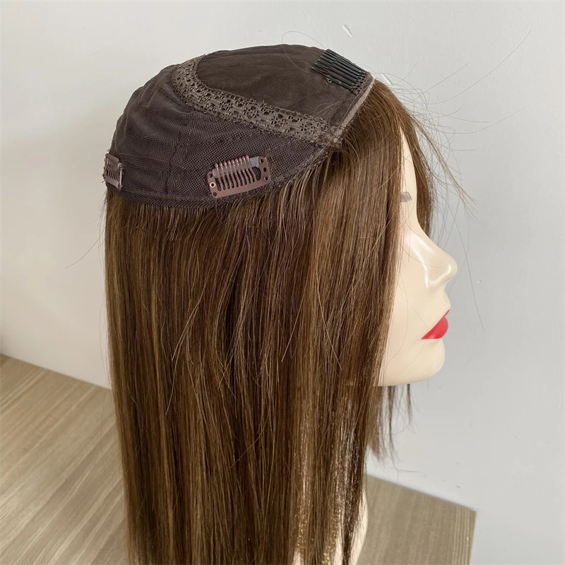 

Stock European Hair Pieces Brown Color Jewish Hair Topper With 4*4 Silk Base Free Shipping