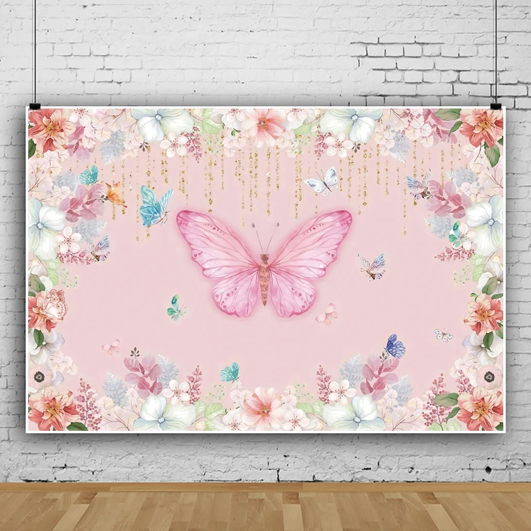 

Laeacco Butterfly Photo Backdrops Beautiful Pink Flowers Baby Shower Birthday Portrait Customized Poster Photographic Background