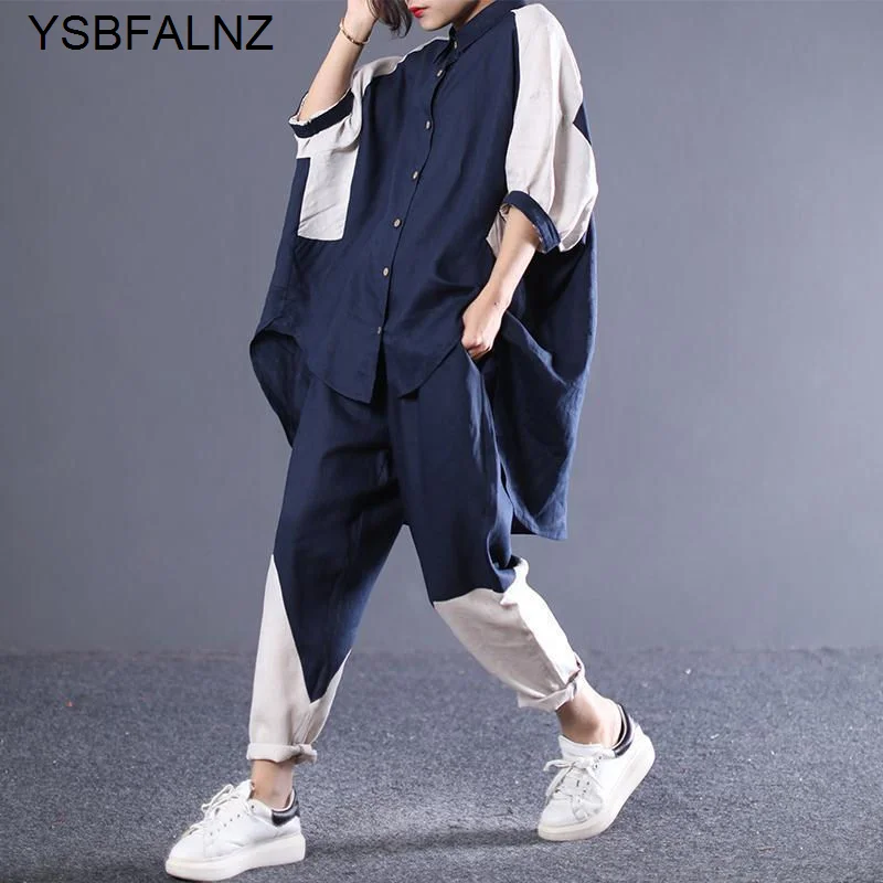 Spring Summer Pants Suit Korean Loose Matching Cotton Linen Asymmetric Shirt Leisure Two Piece Set Tracksuit Womens Half Sleeve