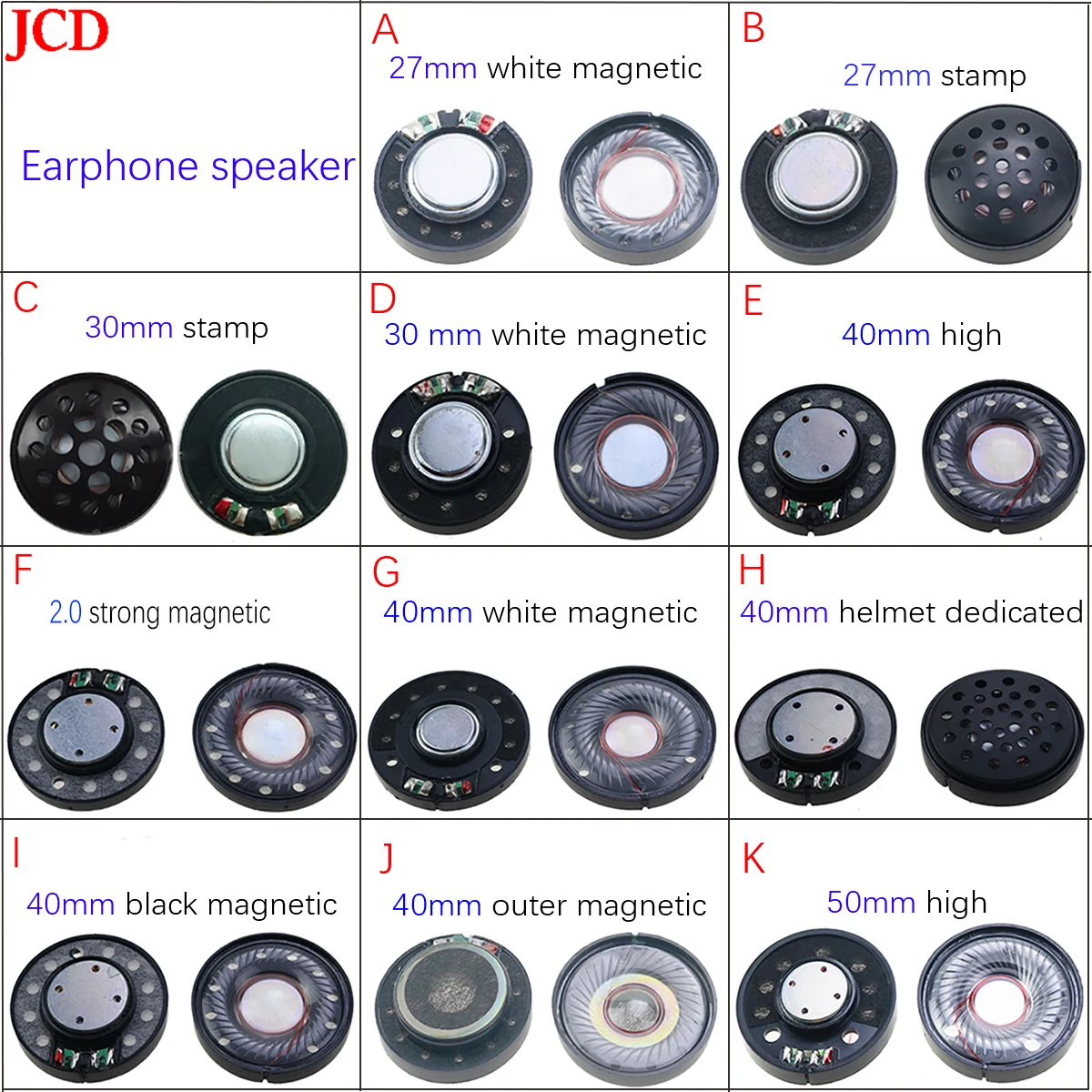 JCD 1 Pcs Headphone speaker 27mm 30mm 40mm 50mm white/black magnetic speaker headphone unit toy bass stereo souneo sound product