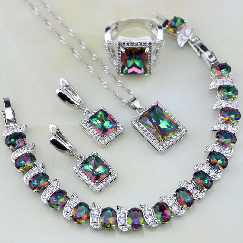 

Square Rainbow Mystic Fire Crystal 925 Silver Jewelry Sets Women Wedding Necklace/Earrings/Bracelet/Pendant/Ring